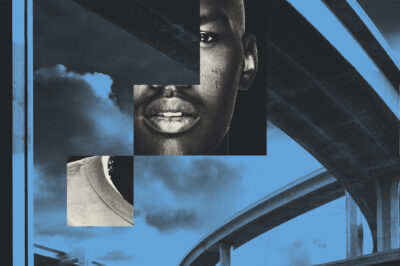 A collage of black faces with an elevated highway on a blue background.